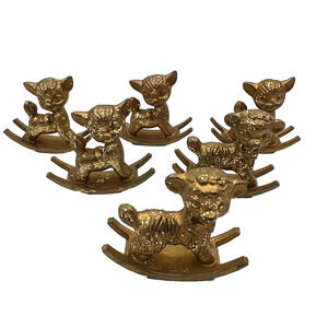 Vintage Deer & Lamb on Rocking Horse Miniature Gold Glitter Ornament Figurines